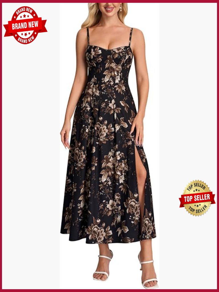 Women Floral Midi Dress Wedding Guest Lace Slit Flowy Sundress